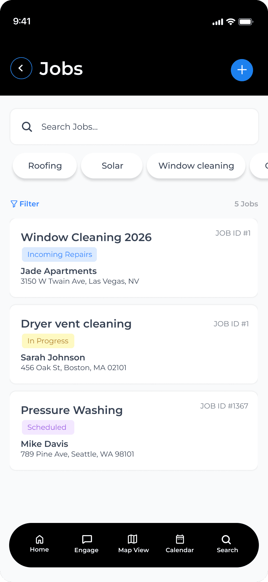 The jobs list in the app